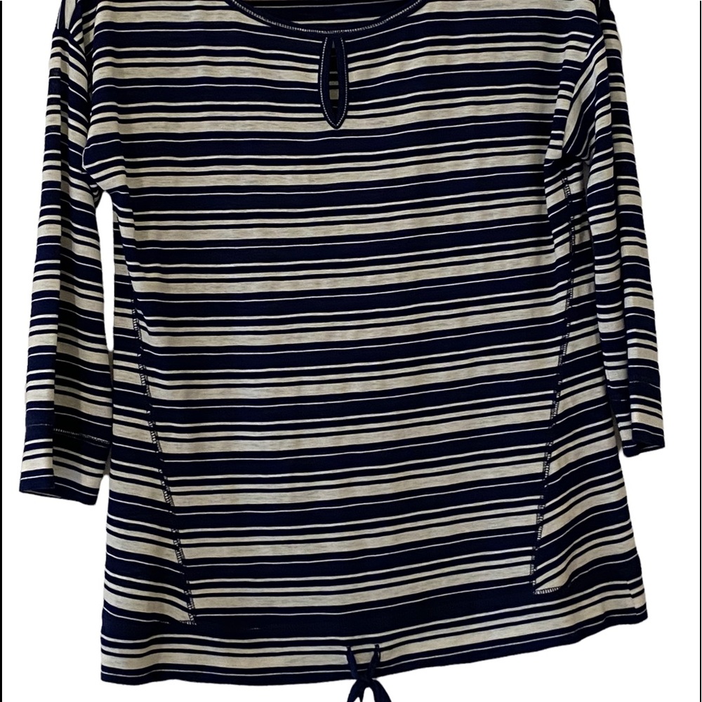 Talbots Womens Knit Top T By Size XS White Blue Stripe Waist Tie 3/4 Sleeve
